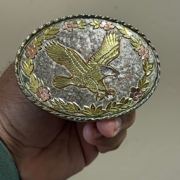 Vintage Eagle Belt Buckle Made In USA Mixed Metal Silver Gold Copper Oval - Picture 1 of 5